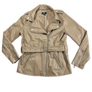 DKNY Women’s Sz S Faux-Leather Belted Moto Jacket Mushroom Beige Biker Belted